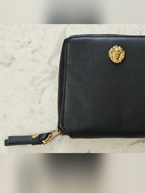 Anne Klein Black Zip Around Wallet with Gold Raised Lion Head Logo